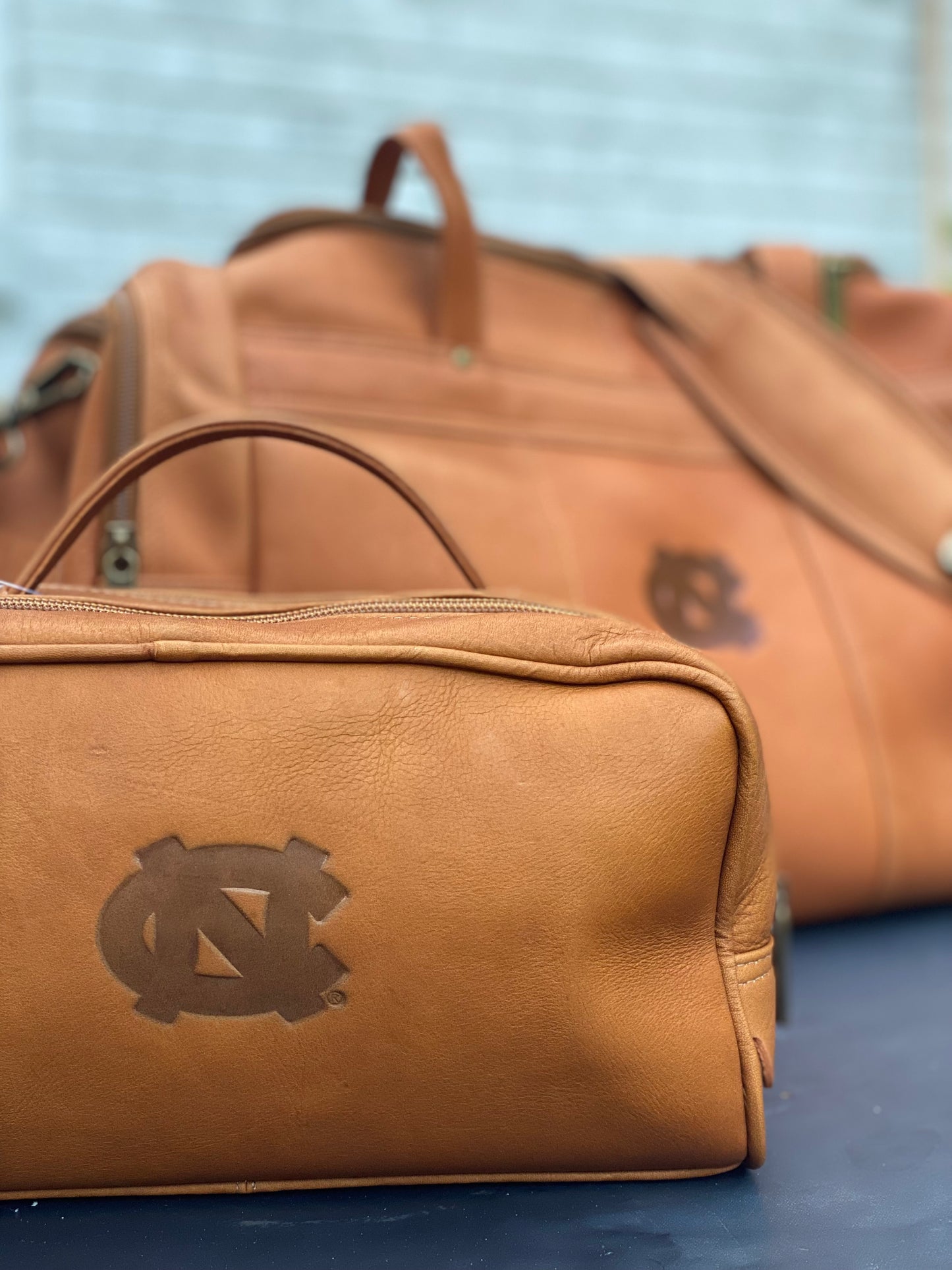 UNC Leather Duffle Bag and Toiletry Bag Set