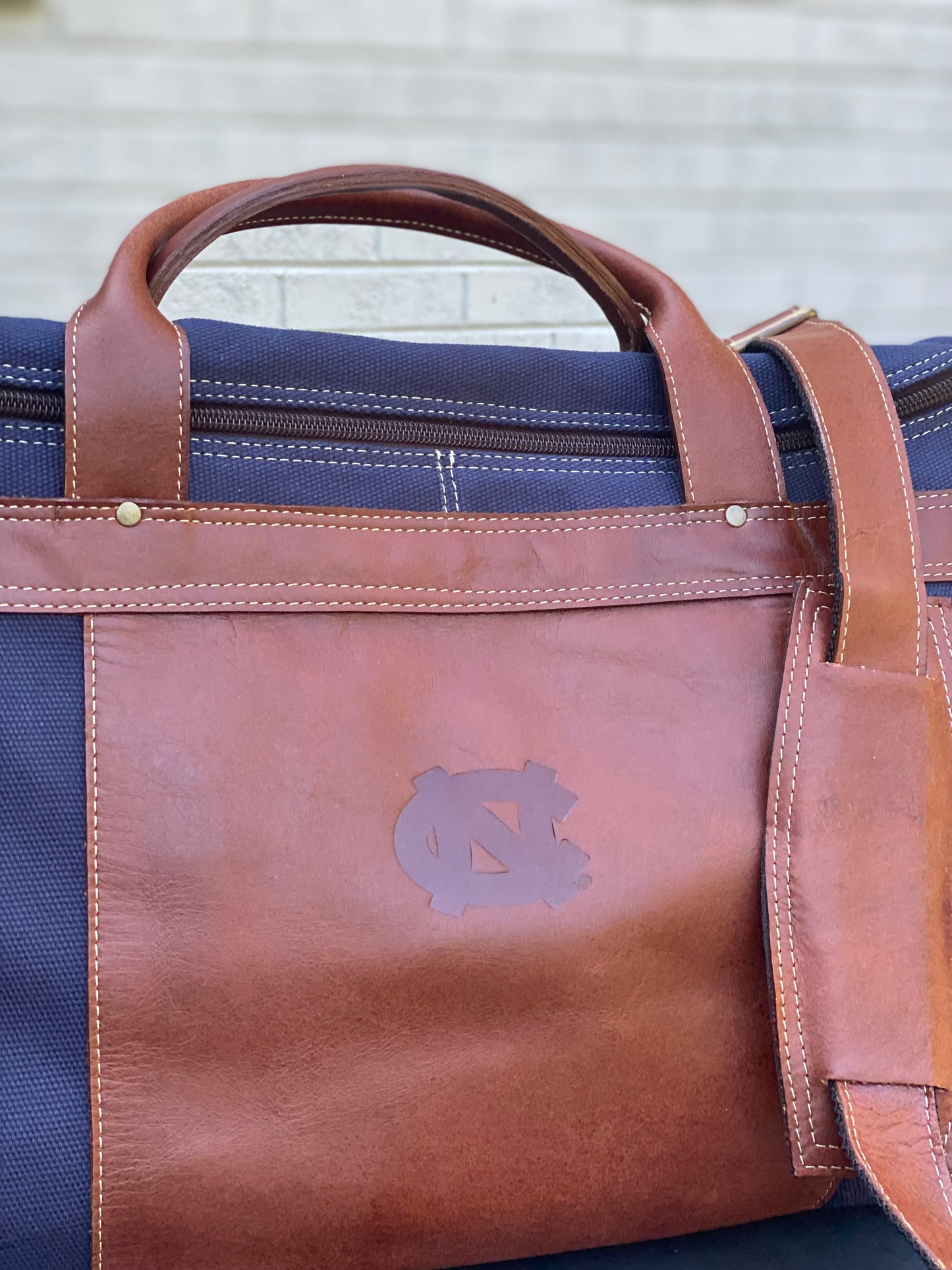 UNC Navy and Brown Leather Duffle Bag and Toiletry Bag Set