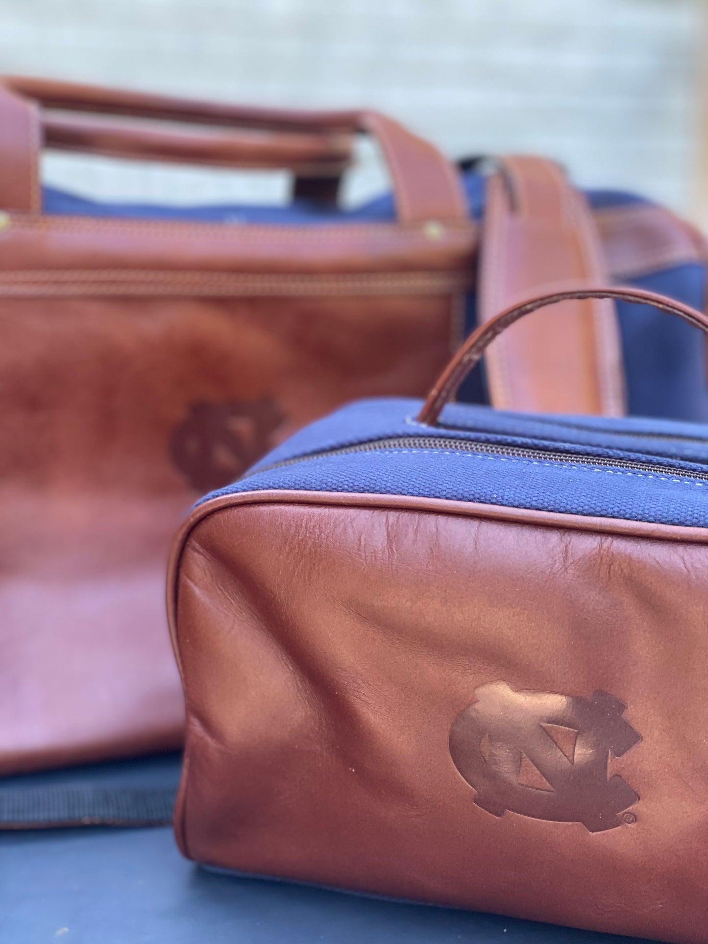 UNC Navy and Brown Leather Duffle Bag and Toiletry Bag Set