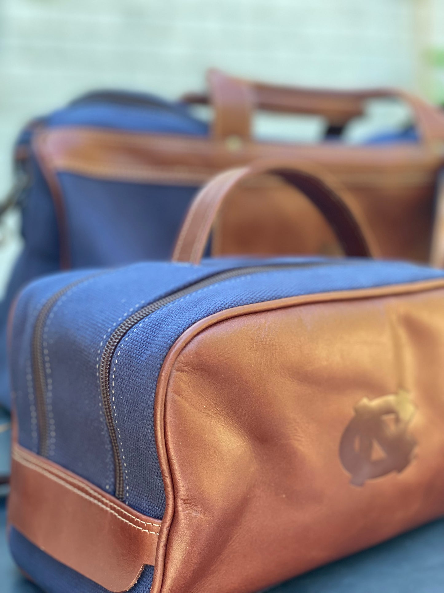UNC Navy and Brown Leather Duffle Bag and Toiletry Bag Set