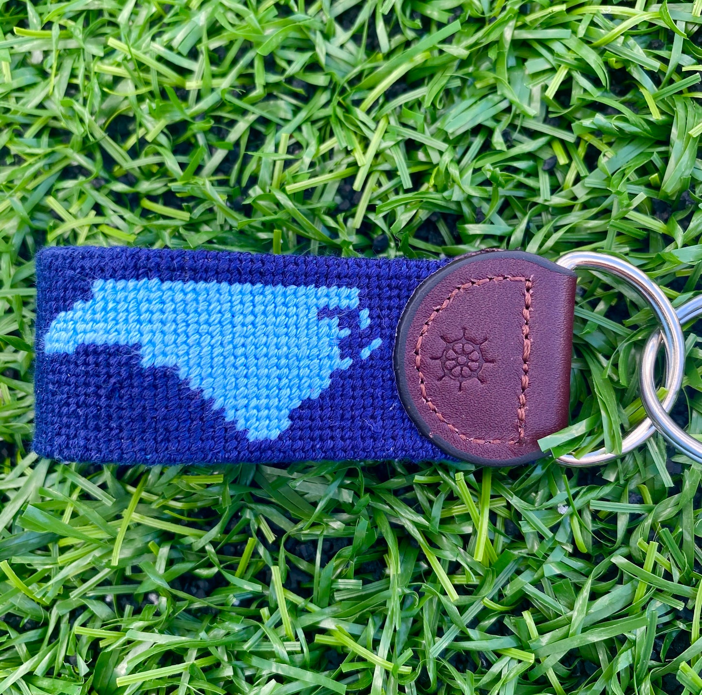 Navy Needlepoint Key Fob With Carolina Blue North Carolina Silhouette