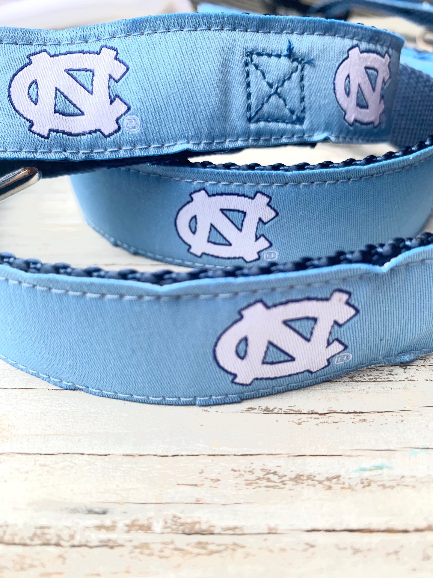 Carolina Blue Dog Leash with White UNC Logos Repeating Down Leash