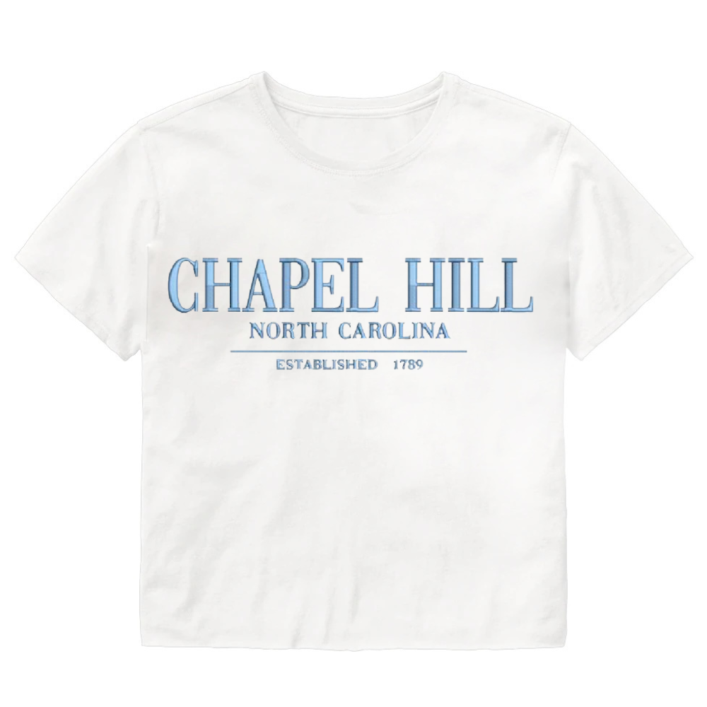 Chapel Hill Embroidered Crop Top White and Carolina Blue Chill Cropped T-Shirt