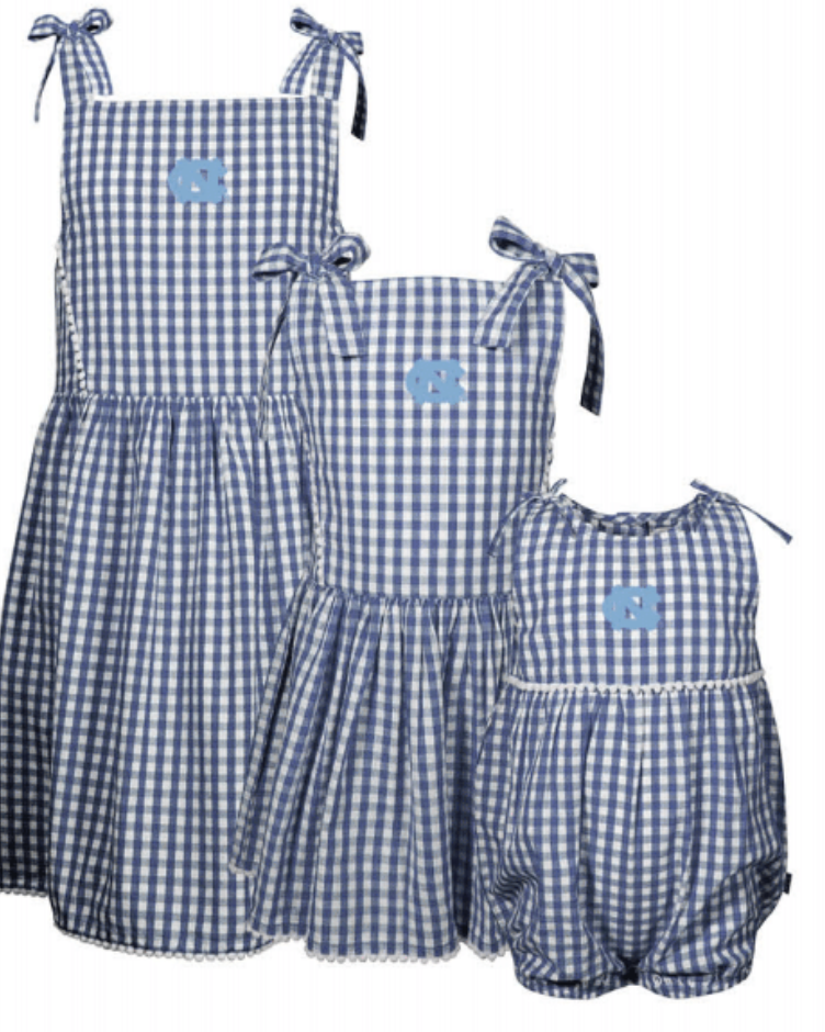 North Carolina Tar Heels Girls Dress with Gingham Blue Pattern and UNC Logo