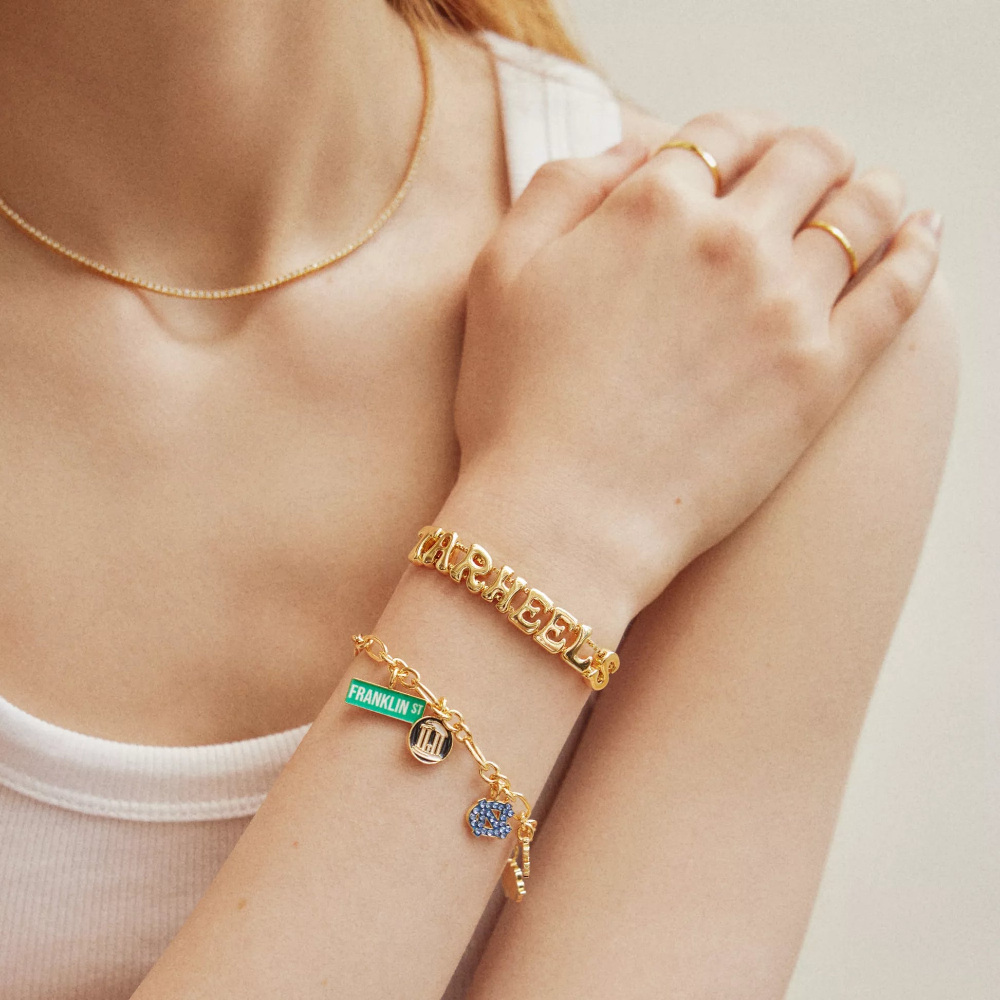 University of North Carolina Two-Piece Charm and Slogan Bracelet Set - Detail View - Baublebar
