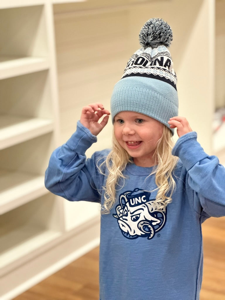 North Carolina Tar Heels Toddler Crewneck Sweatshirt REVERSIBLE in UNC Blue - Detail View - Wes and Willy