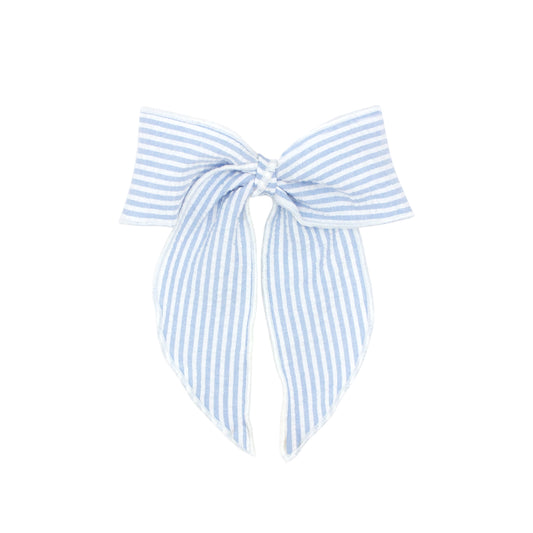 Carolina Blue Seersucker Hair Bow with Twisted Wrap and Whimsy Tails