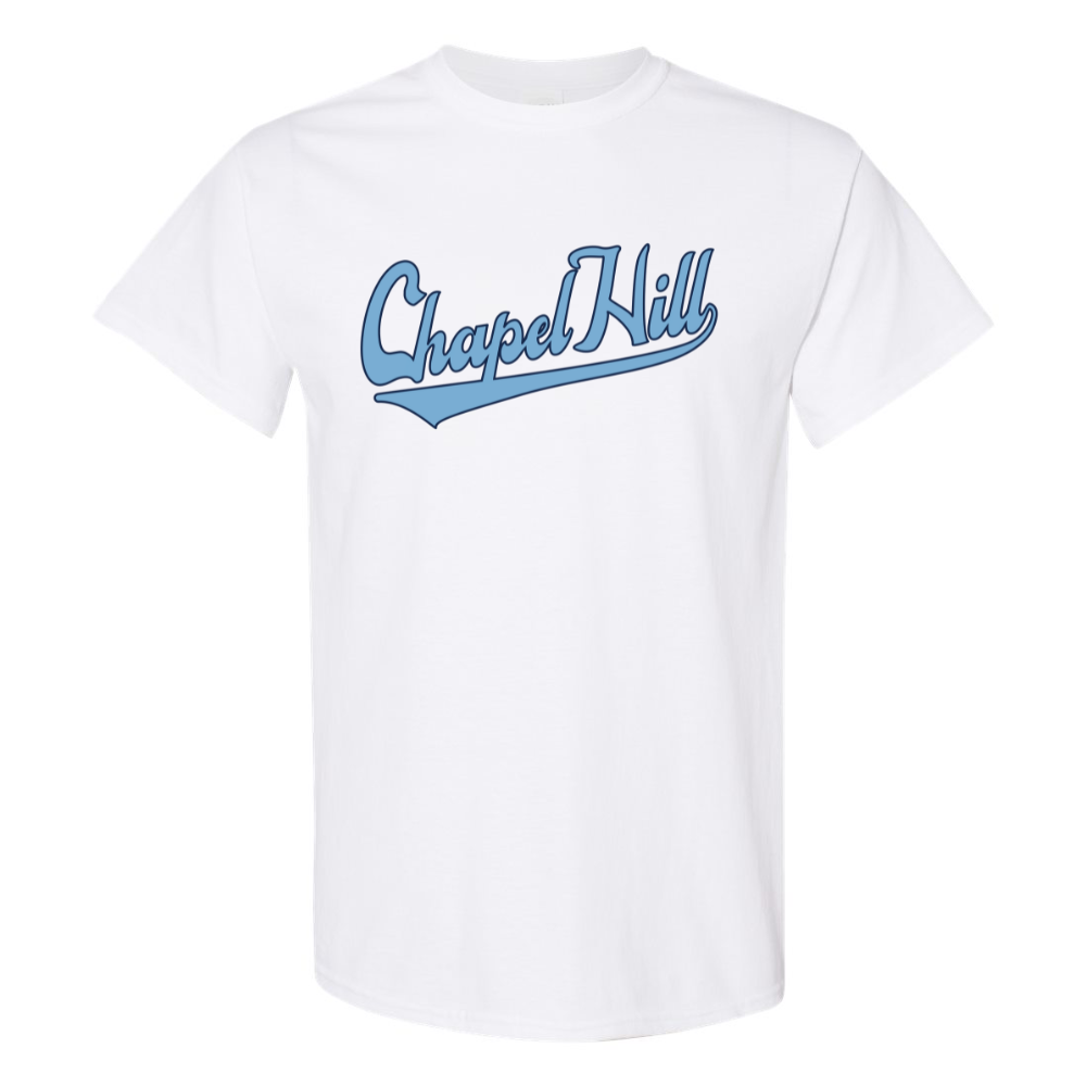 Chapel Hill White T-Shirt in Baseball Script Font – Shrunken Head