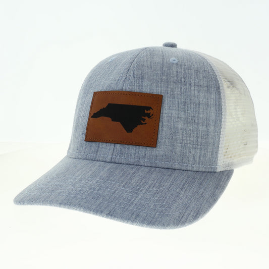 North Carolina Trucker Hat with Leather State Patch In Light Blue and White MPS