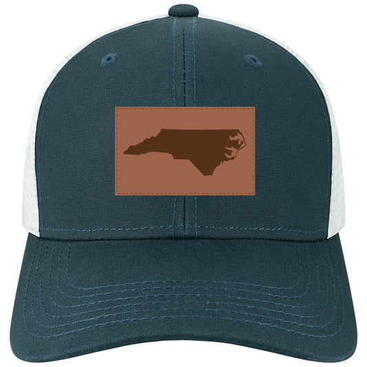 North Carolina Trucker Hat in Navy and White with Leather NC Patch