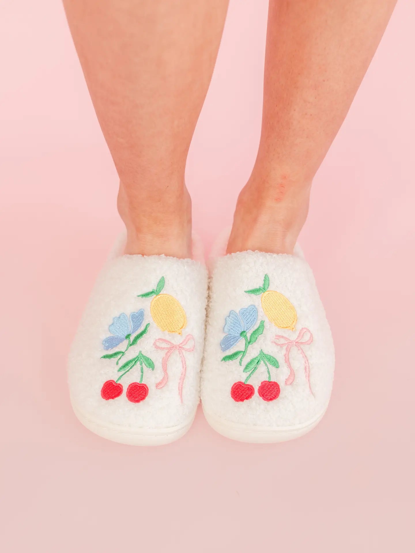 Fuzzy Plush Slippers with Fruit Cocktail Embroidery