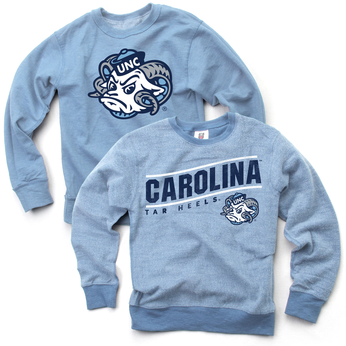 North Carolina Tar Heels Kid's Crewneck Sweatshirt REVERSIBLE in UNC Blue - Main View - Wes and Willy