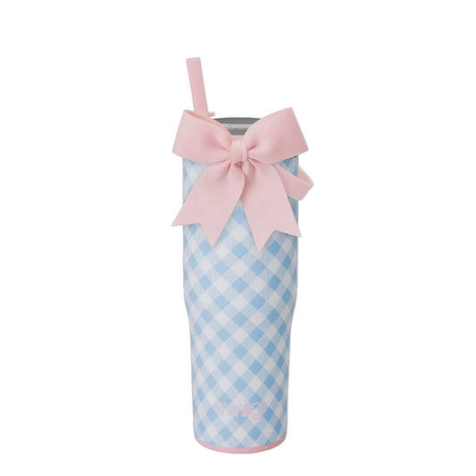 Blue Gingham 30 oz To-Go Tumbler & Removable Pink Bow