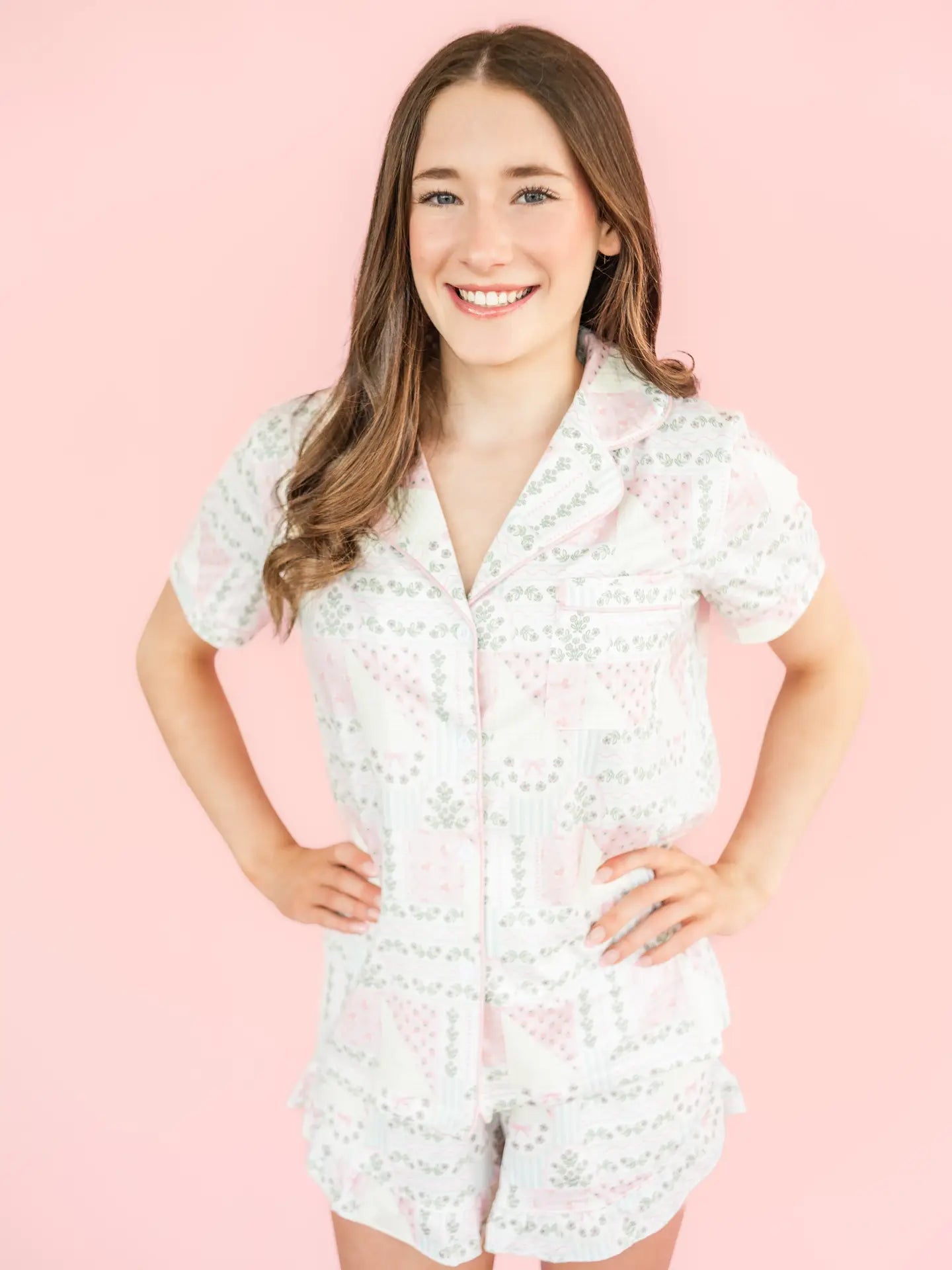Patchwork Ruffle Hem Shorts Pajama Set