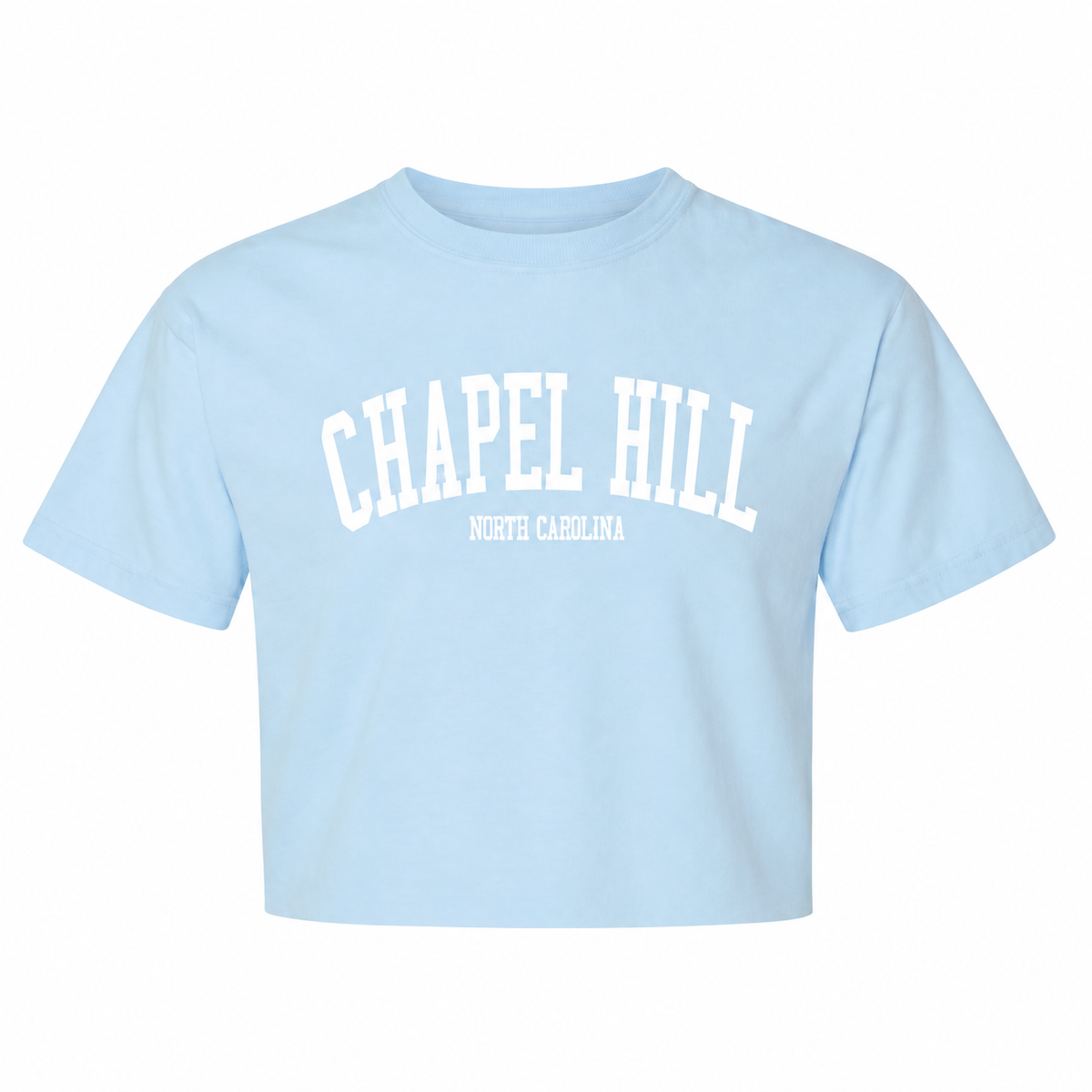 Chapel Hill North Carolina Comfort Colors Cropped T-Shirt in Chambray - Main View - Shrunken Head