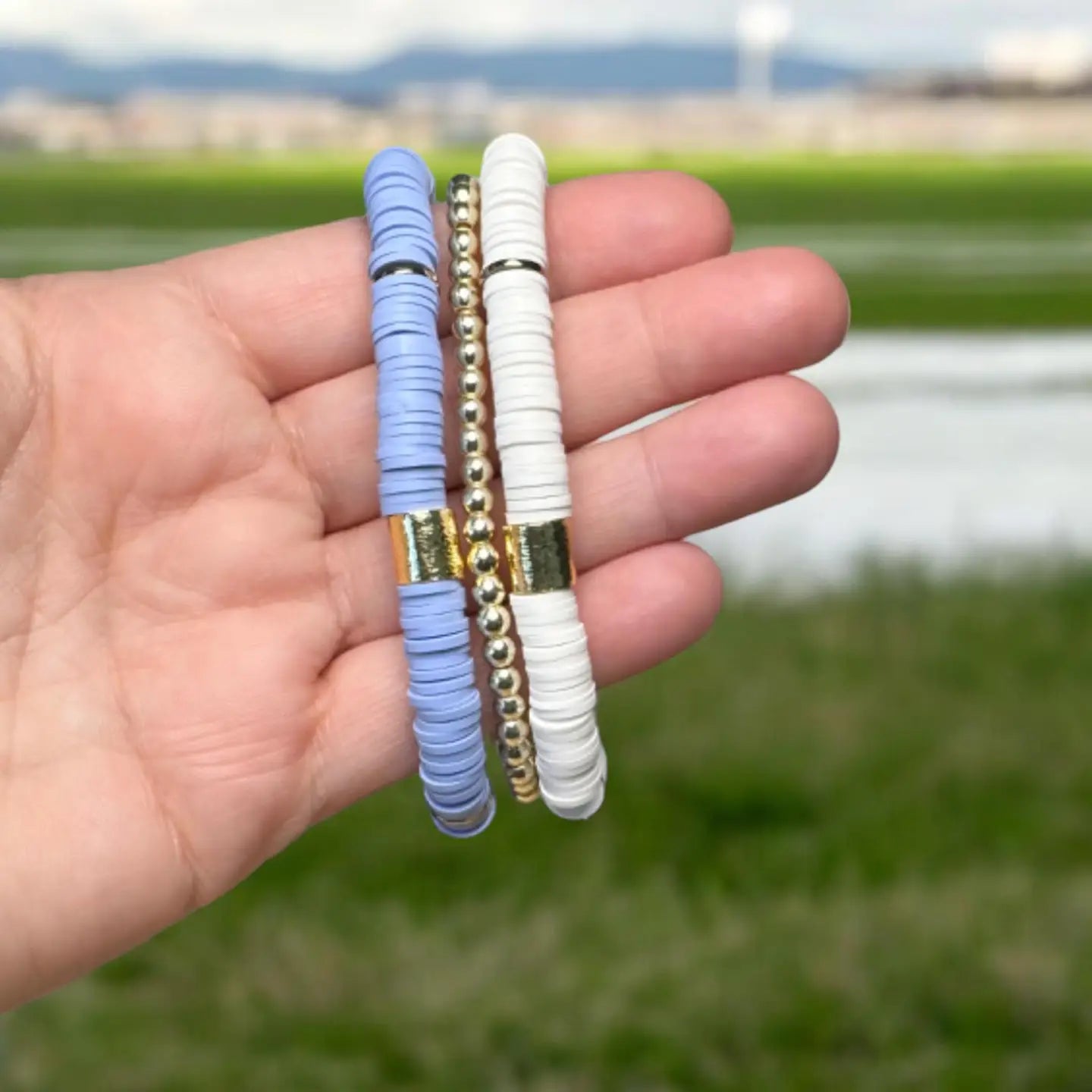 Light Blue and White Game Day Bracelet Stack