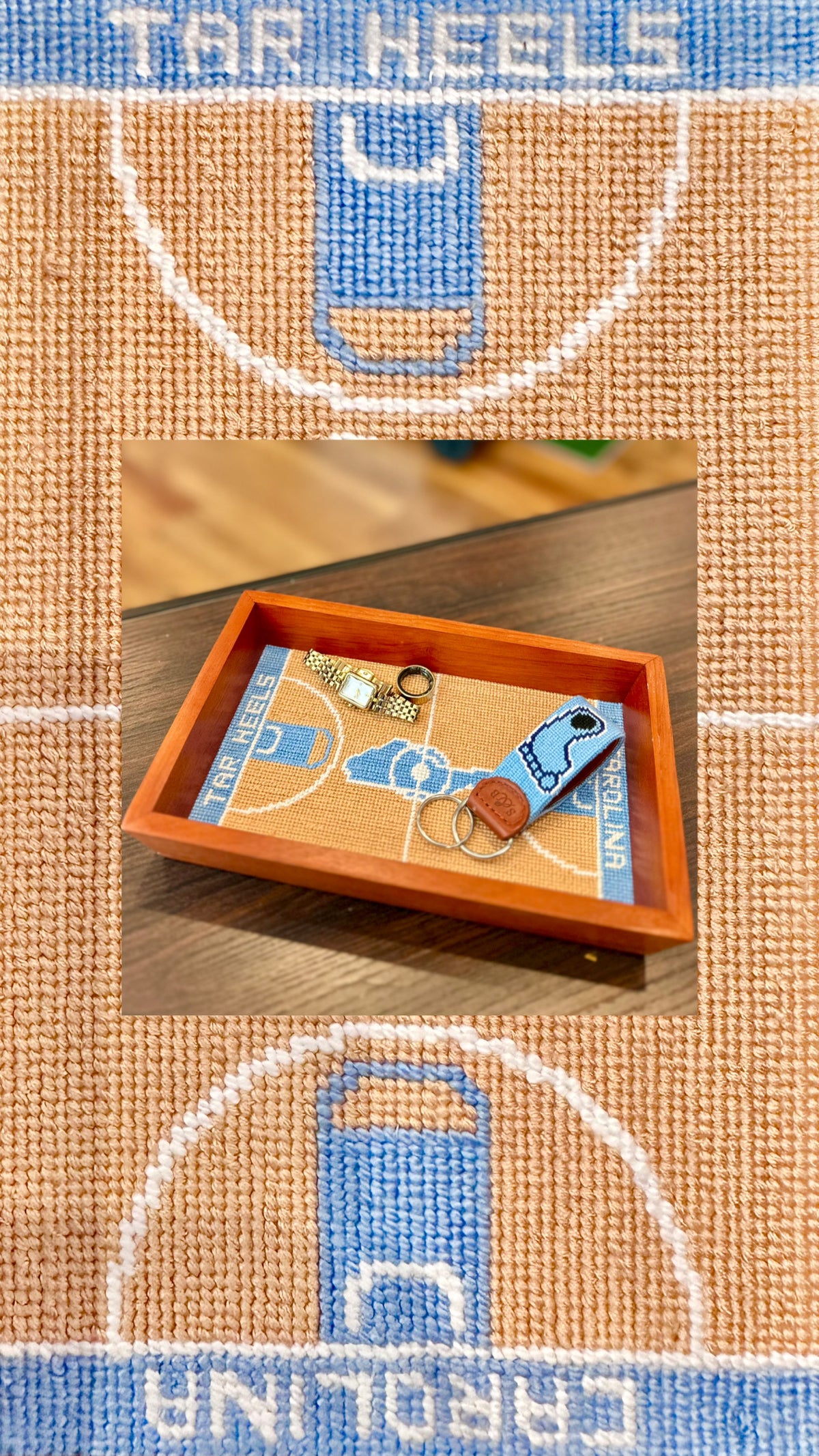 UNC Valet Tray with Dean Dome Court Needlepoint - Detail View - Smathers & Branson