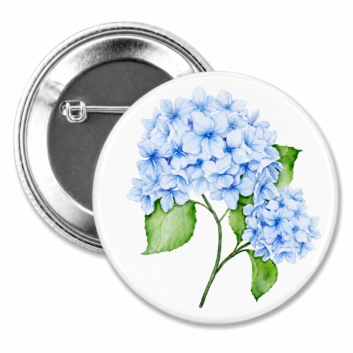 Blue Hydrangea Button Pin 2.25" - Main View - Shrunken Head