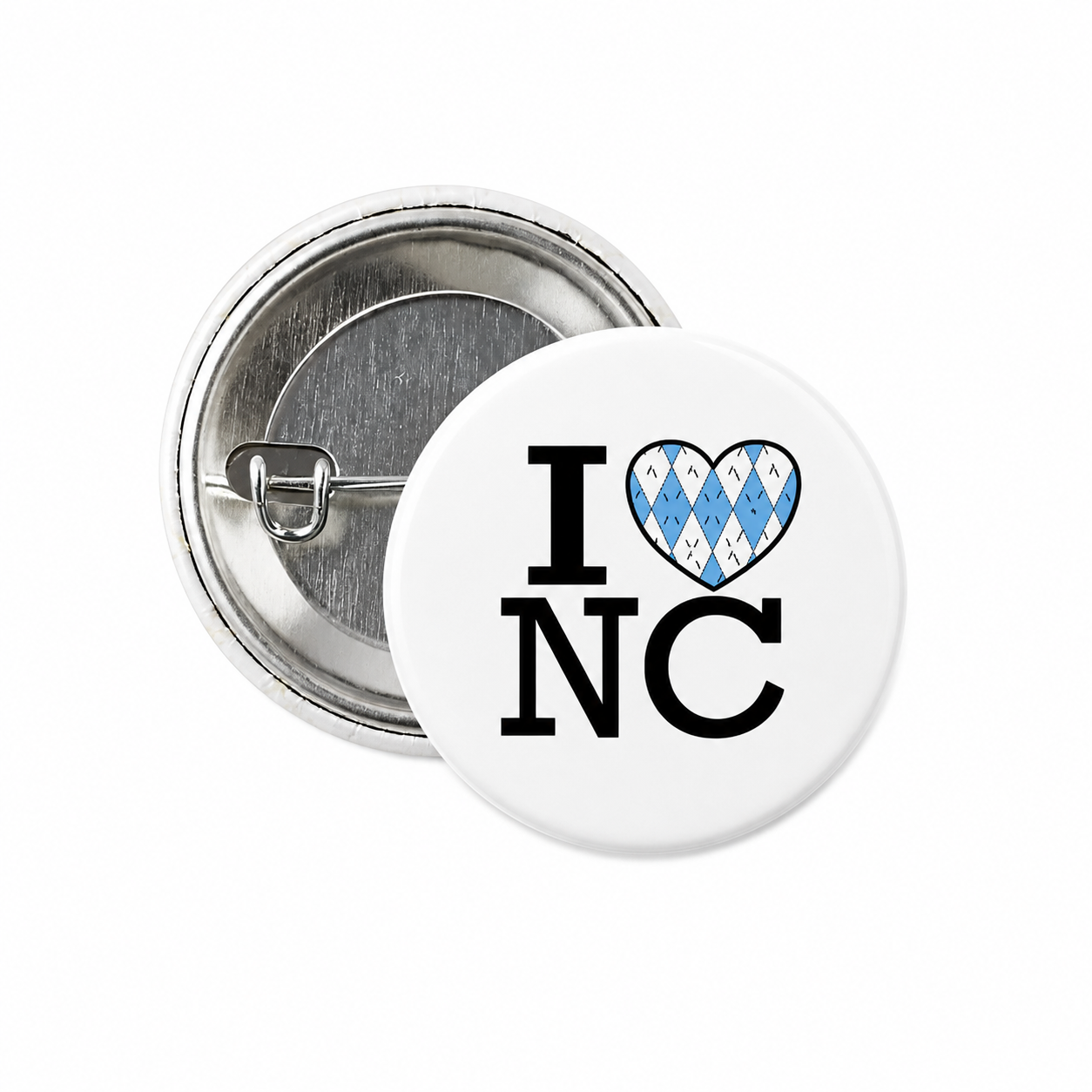 I Love NC Argyle Heart Button Pin 1.25" - Main View - Shrunken Head