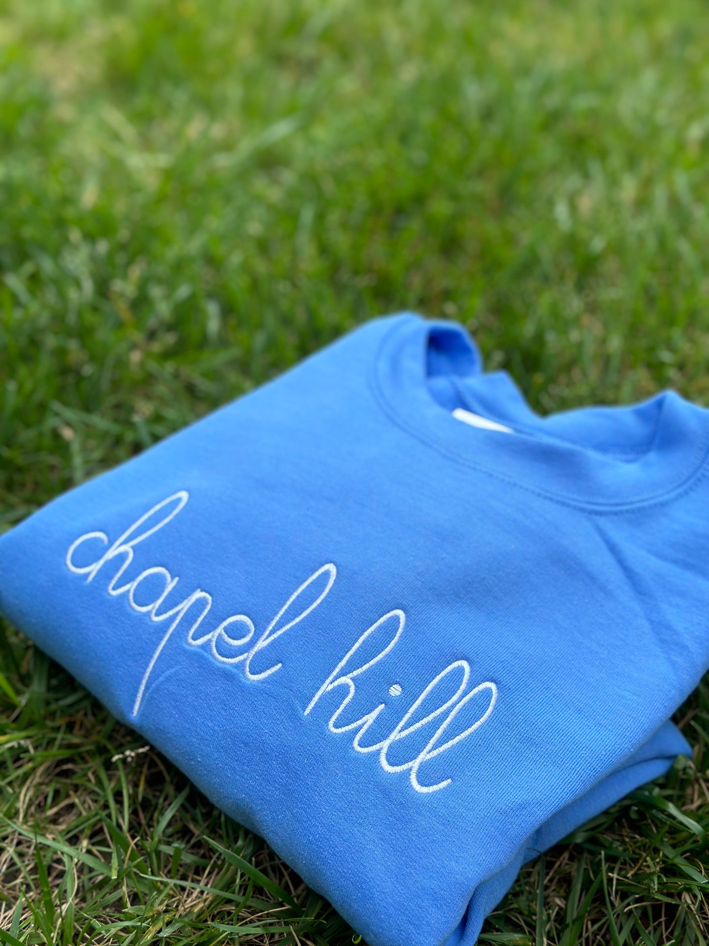 Chapel Hill Cursive Embroidered Crewneck Sweatshirt in Carolina Blue
