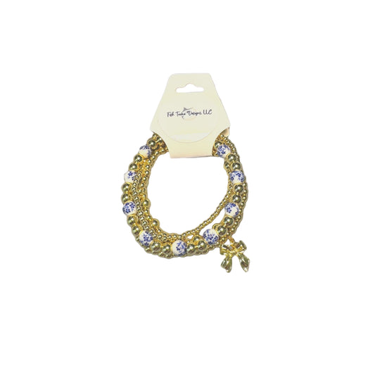 Gold and Chinoiserie Beaded Bracelet Stack