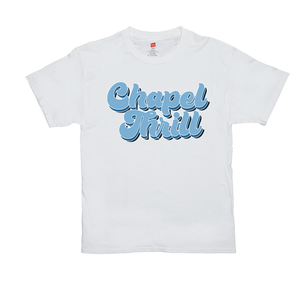 Carolina Blue and White Chapel Thrill Vintage Groovy T-Shirt by Shrunken Head