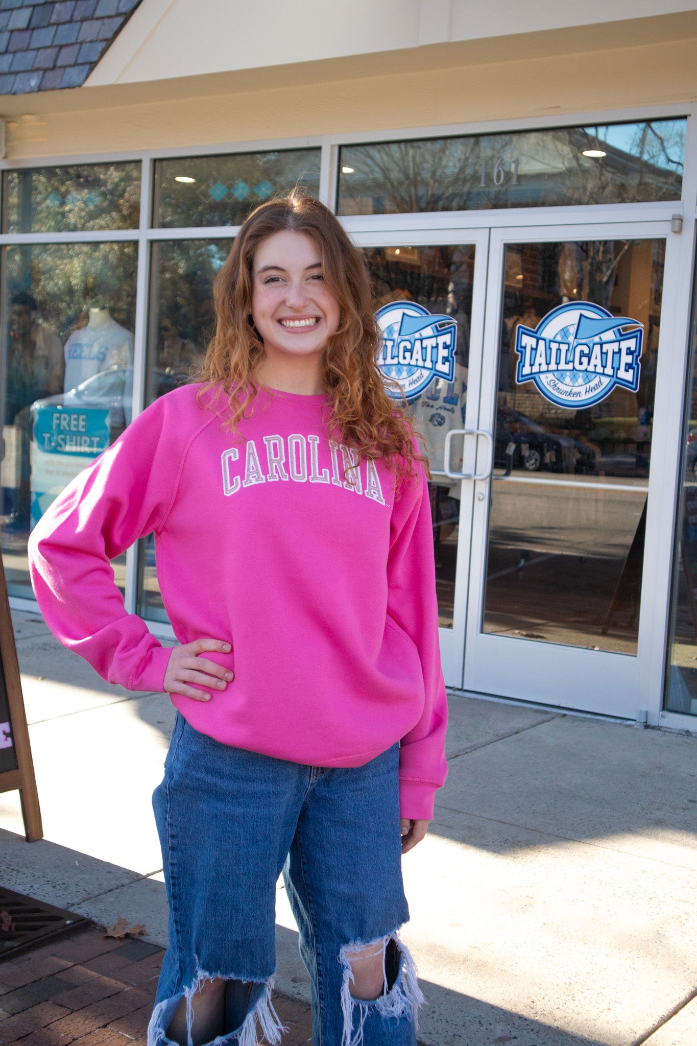 Bright Pink Carolina Tar Heels Embroidered Crewneck Sweatshirt by League