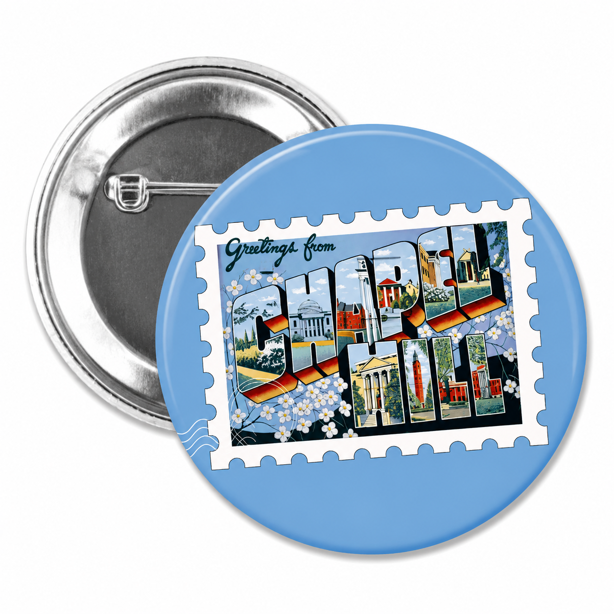 Chapel Hill Stamp Button Pin 2.25" - Main View - Shrunken Head