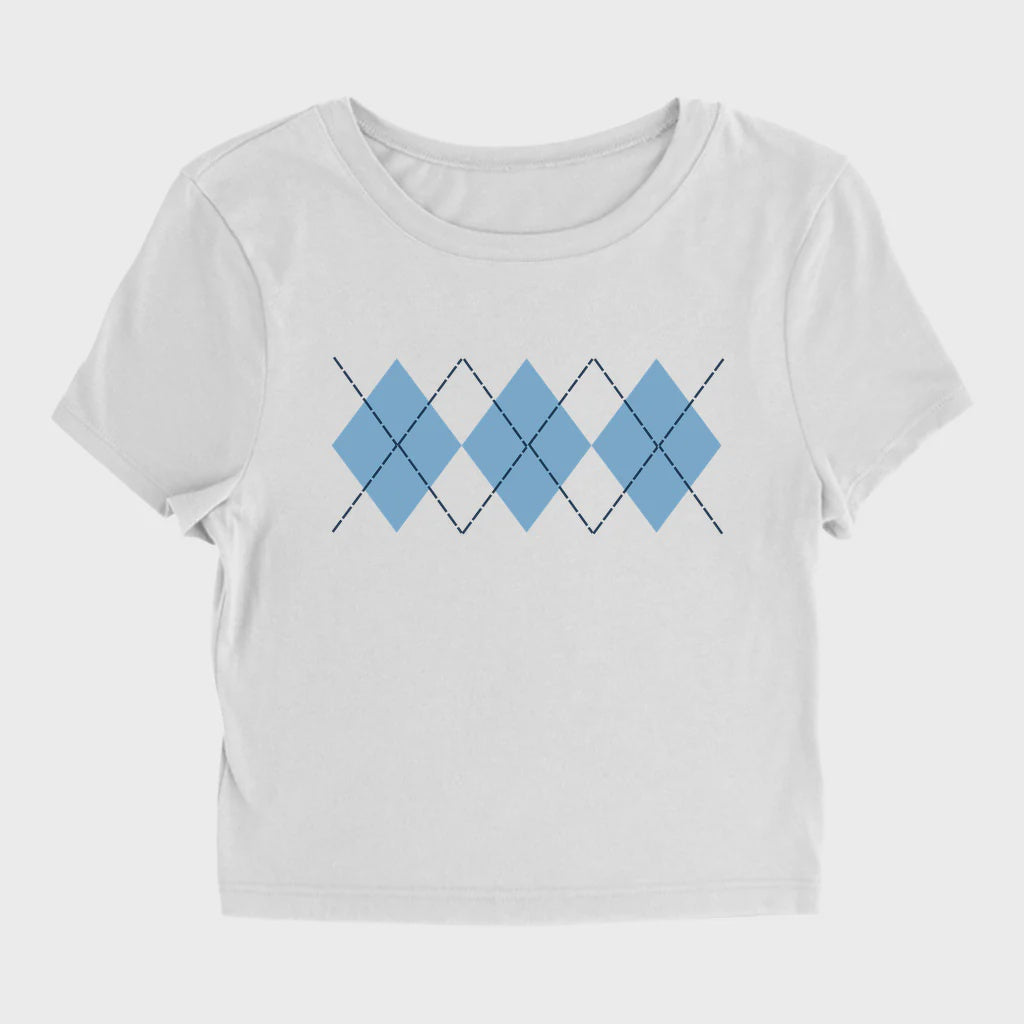 Carolina Blue Argyle White Baby Tee Style Women's Top