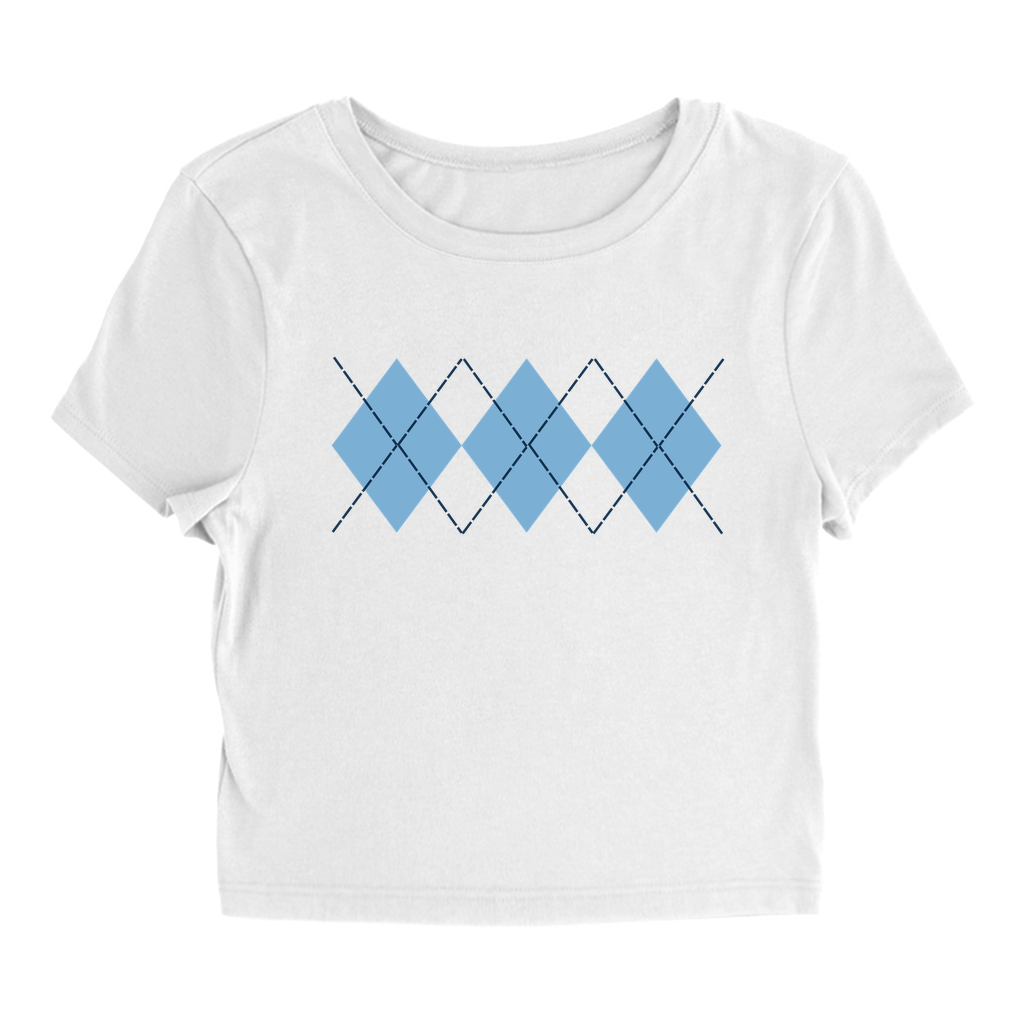 White and Carolina Blue Argyle Baby Tee Style Women's Top