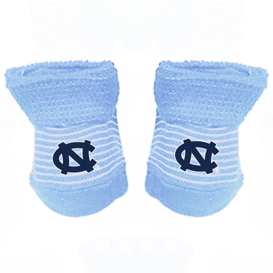 UNC Newborn Booties Carolina Blue with White Stripes