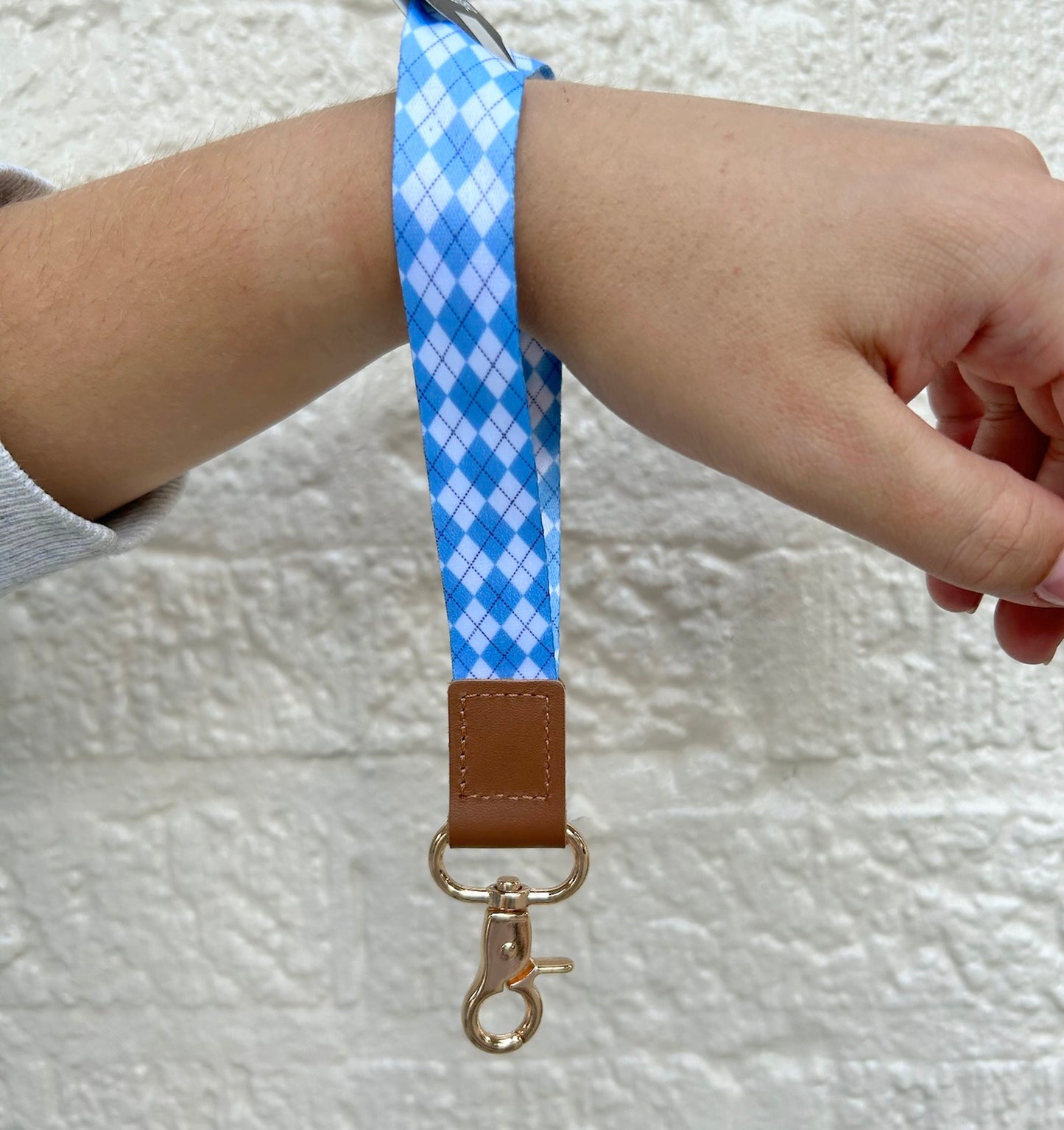 Carolina Blue and White Argyle Wristlet Keychain