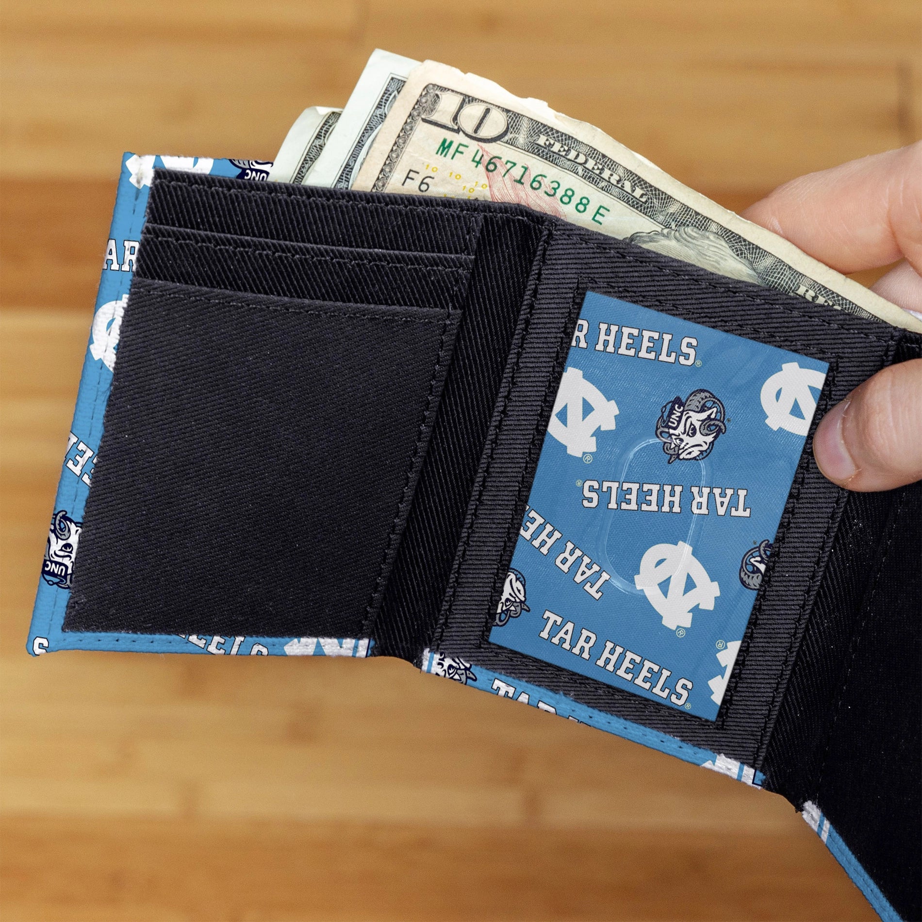 UNC Canvas Trifold Wallet - Detail View - Rico Industries
