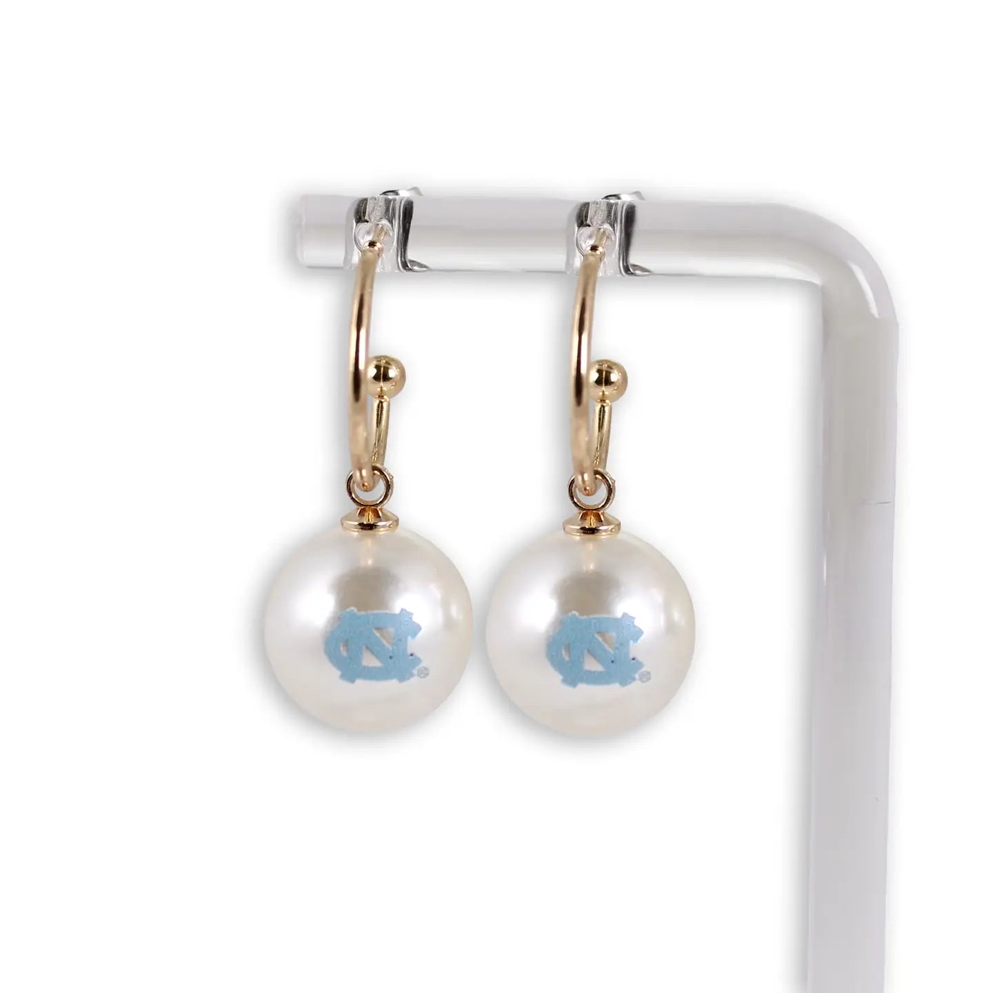 North Carolina Logo Pearl Hoop Earrings - Detail View - Seasons Jewelry