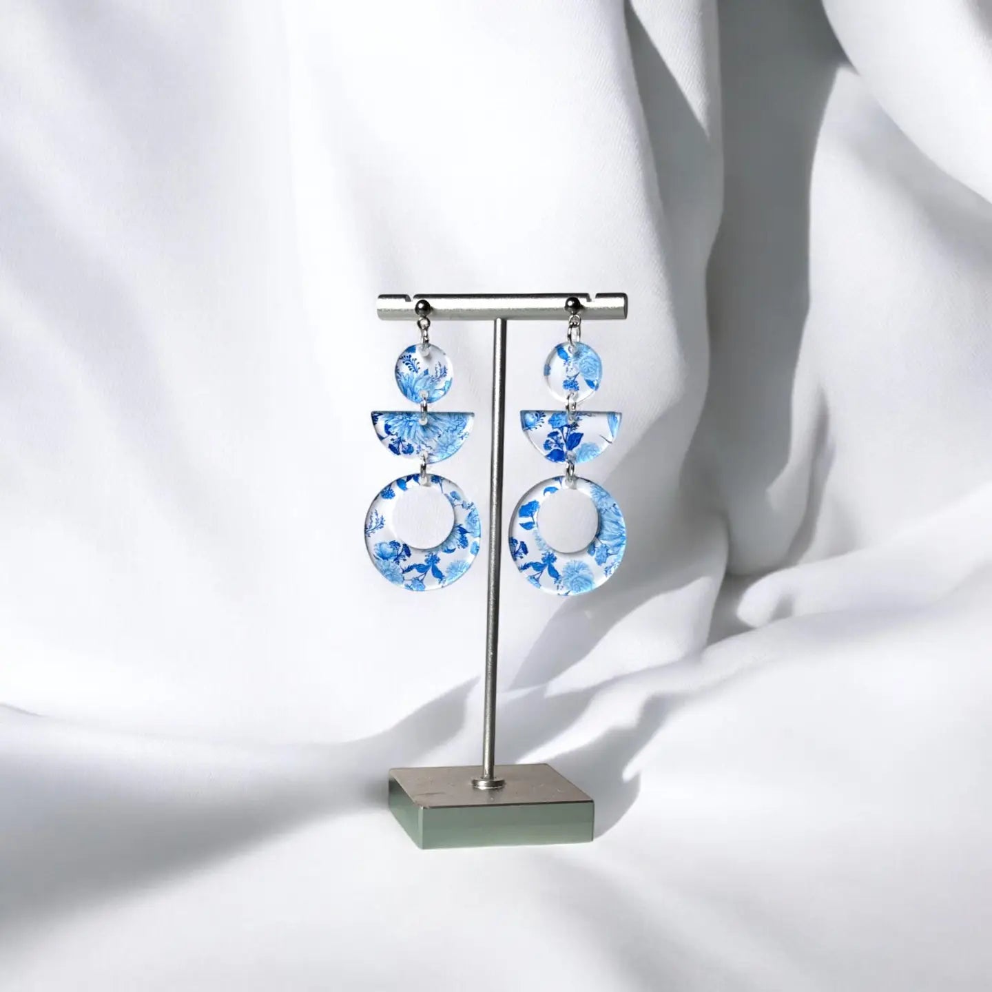 Santorini-Inspired Blue Floral Acrylic Statement Earrings
