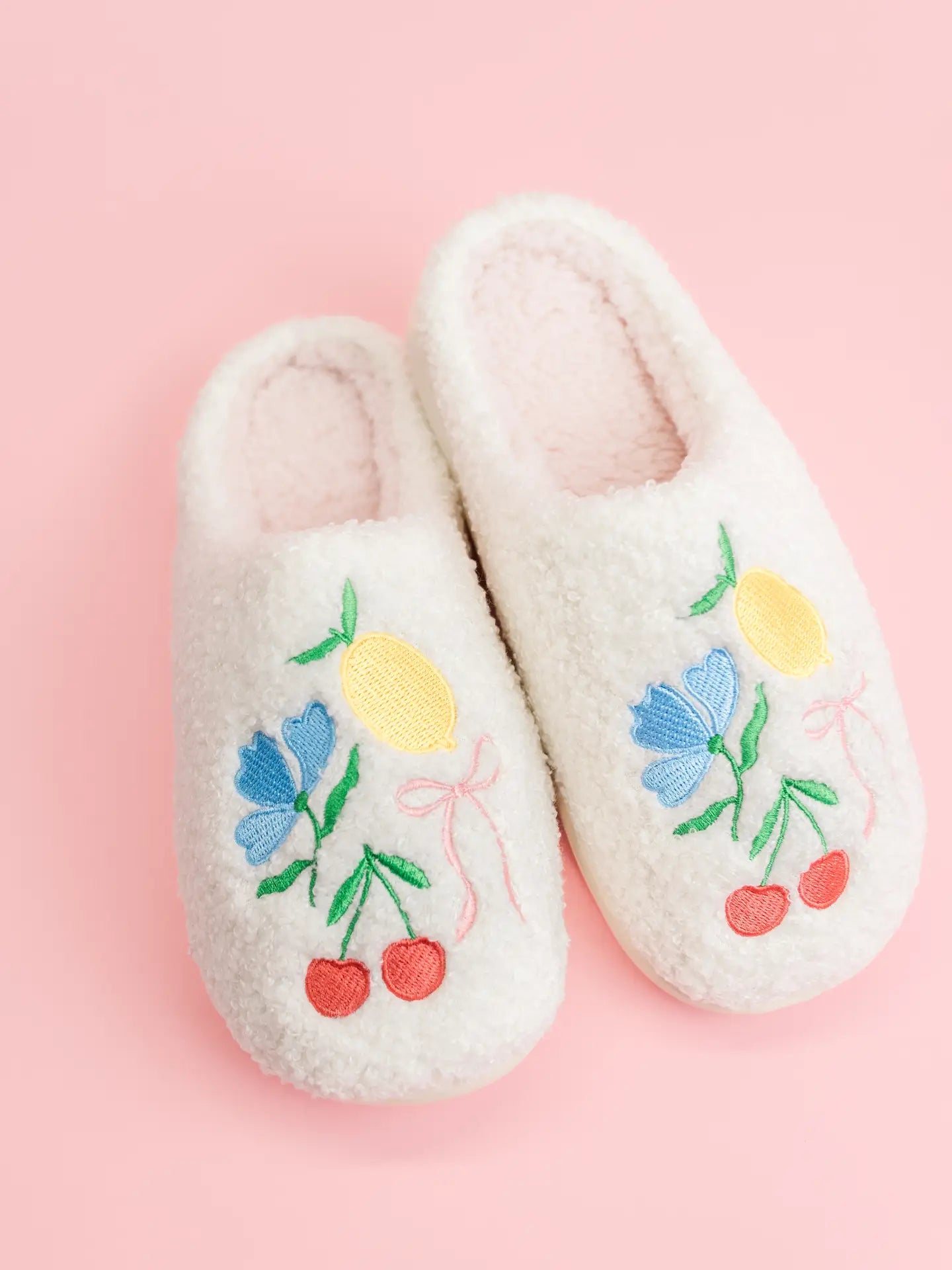 Fuzzy Plush Slippers with Fruit Cocktail Embroidery