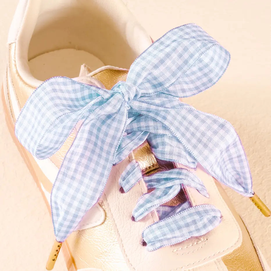 Light Blue Gingham Shoe Laces - Side View - the Darling Effect