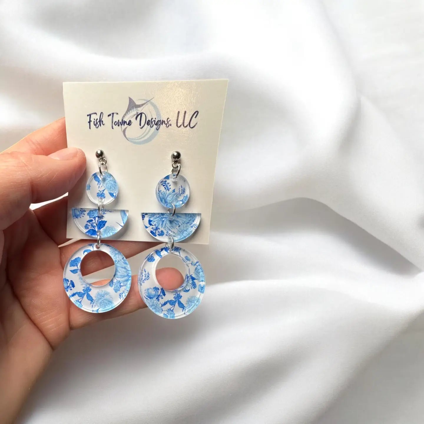 Santorini-Inspired Blue Floral Acrylic Statement Earrings