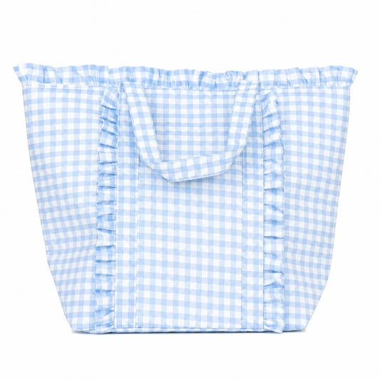 Carolina Blue Gingham Ruffle Tote Bag - Main View - Mugsby