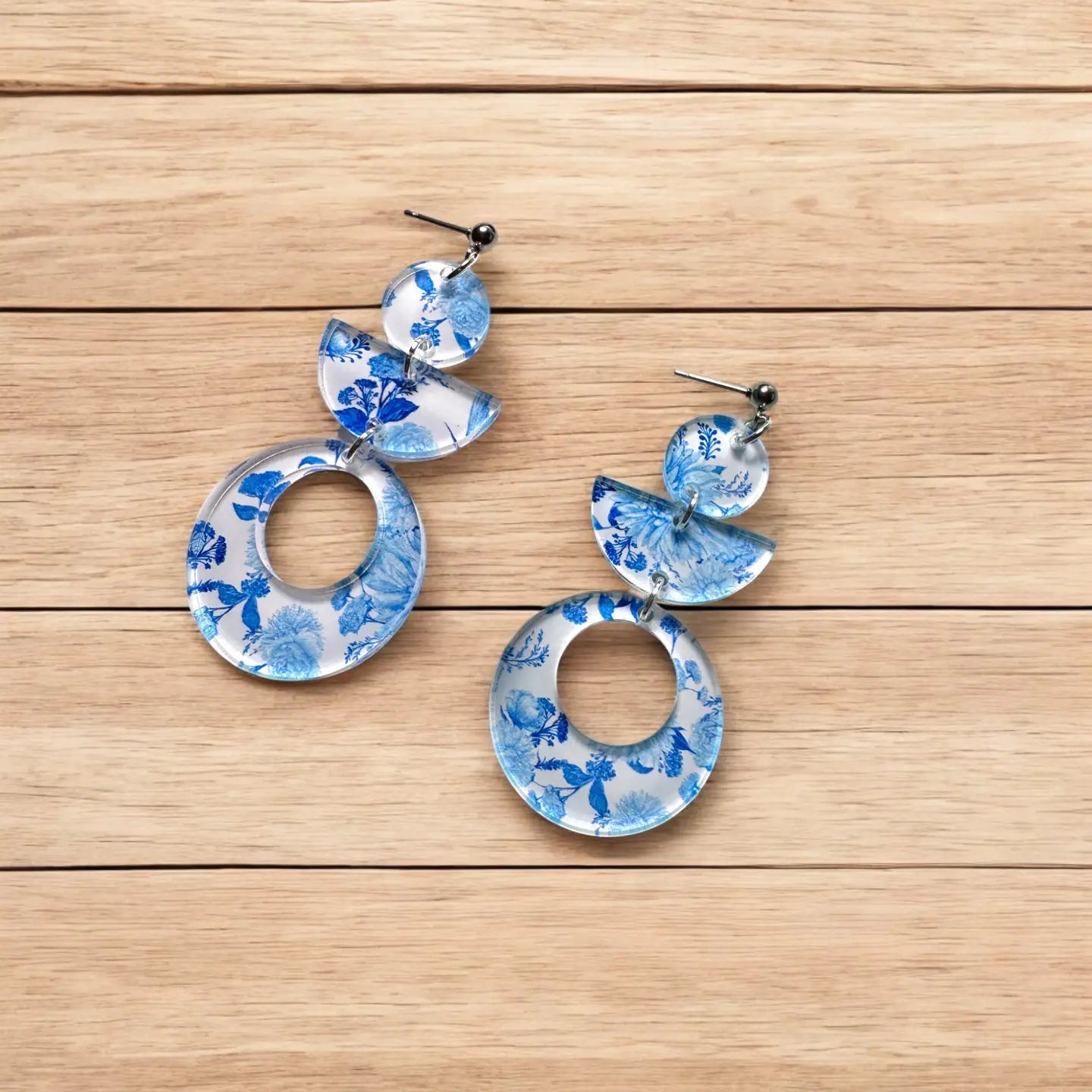 Santorini-Inspired Blue Floral Acrylic Statement Earrings