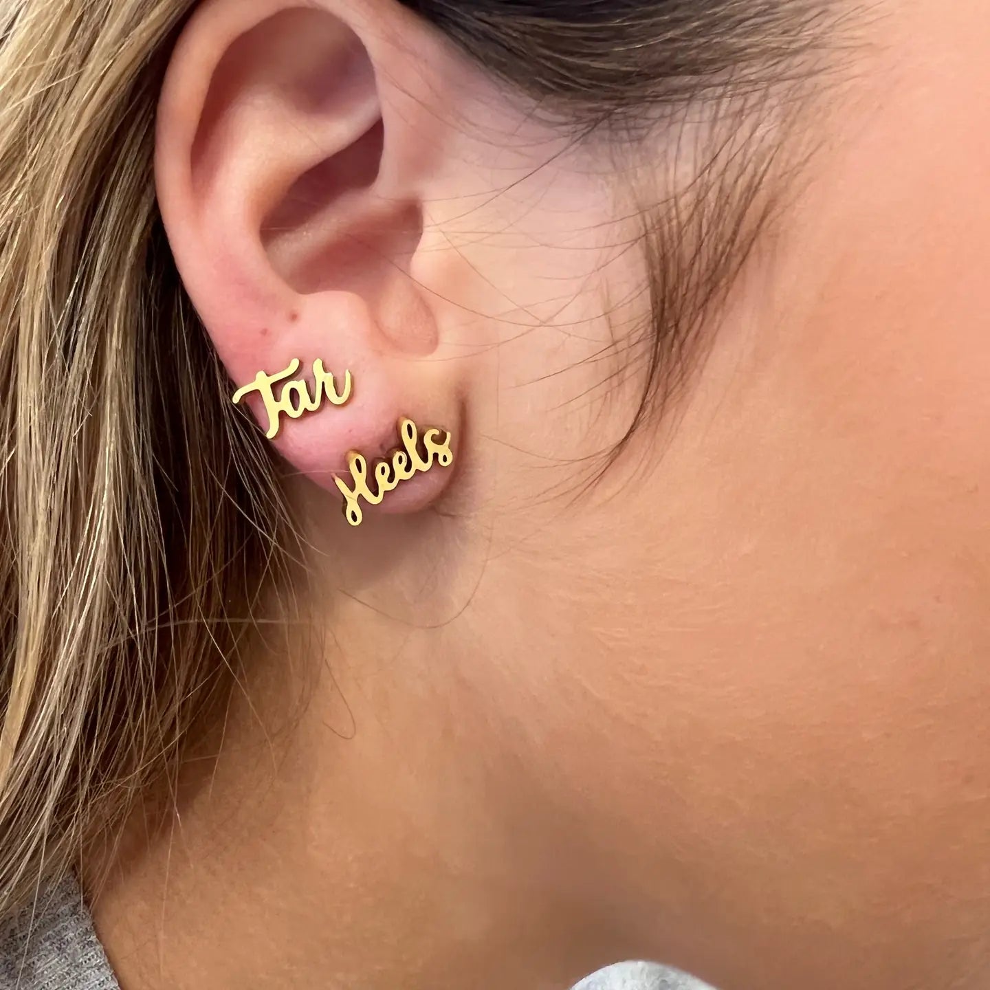 Tar Heels Cursive Gold Stud Earrings