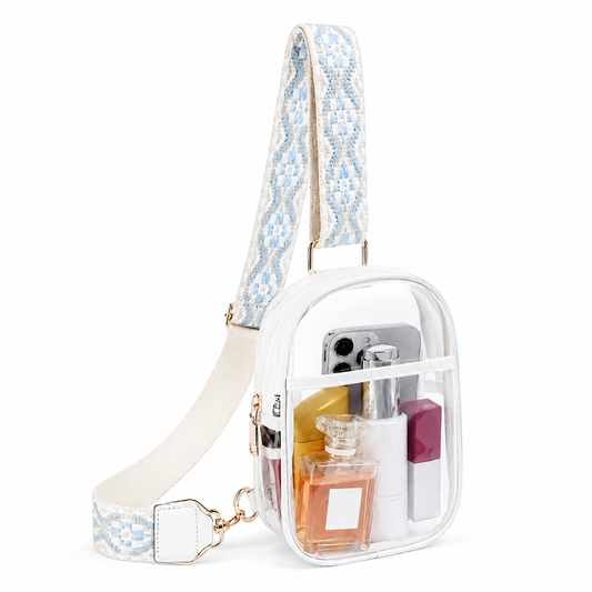 Clear Sling Bag with Carolina Blue and White Strap