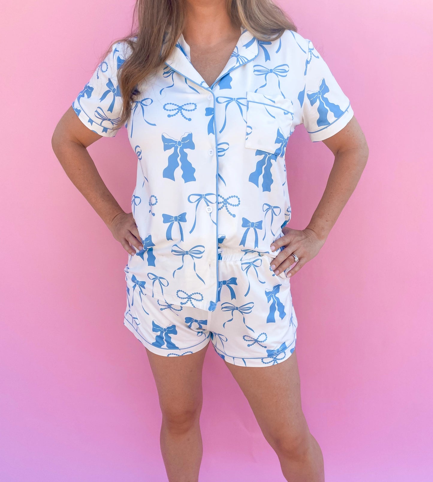 Carolina Blue and Cream Bows Short Sleeve Pajama Set