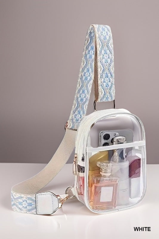 Clear Sling Bag with Carolina Blue and White Strap