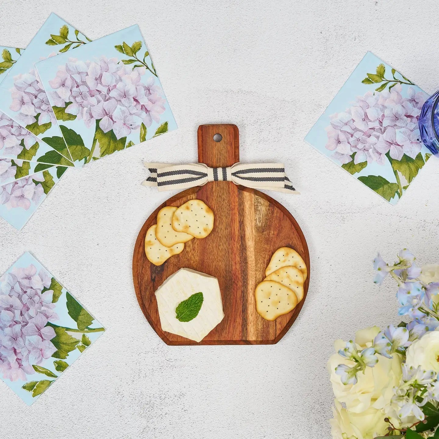 Cheese Board with Hydrangea Napkins - Detail View - Sophistiplate
