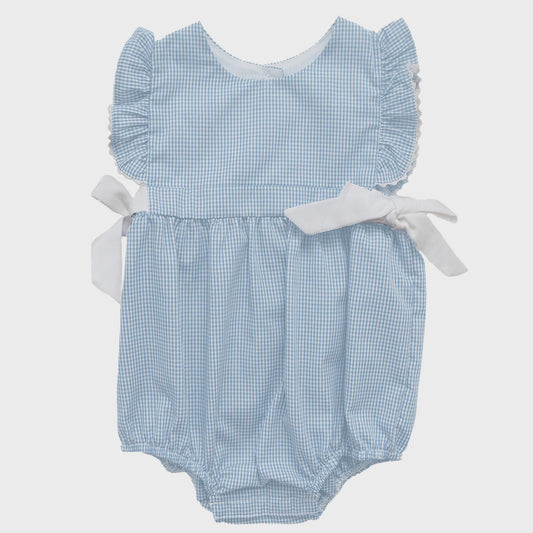 Girls Carolina Blue Gingahm Onesie with White Bows & Ruffle Sleeves