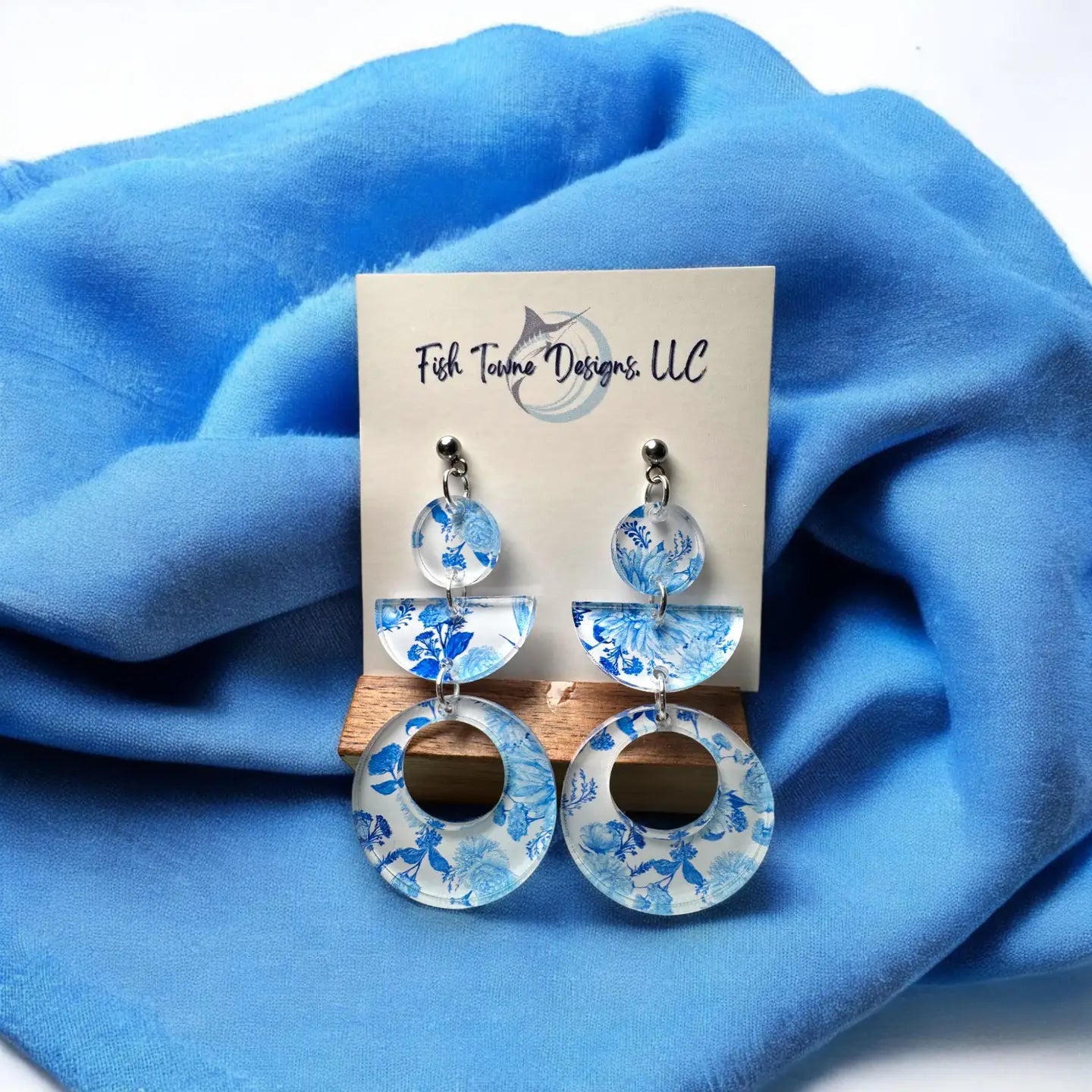 Santorini-Inspired Blue Floral Acrylic Statement Earrings