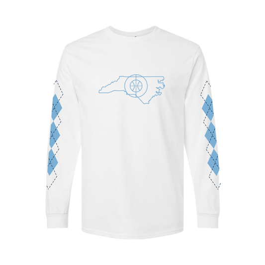 Carolina Basketball Argyle on White Long Sleeve T-Shirt