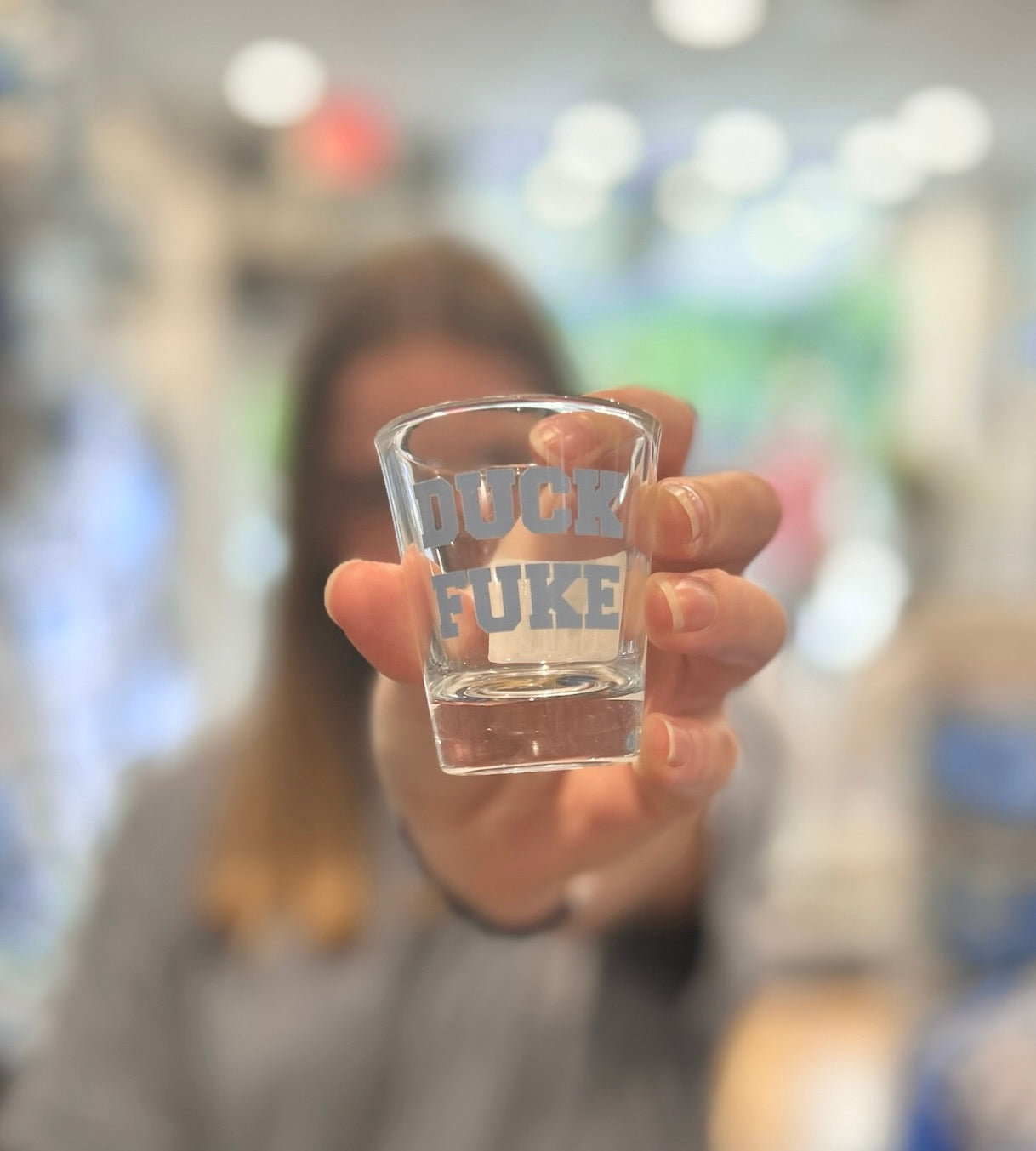 Duck Fuke Shot Glass in Carolina Blue for UNC Fans 1.5 oz