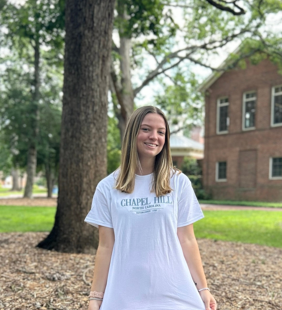 Chapel Hill Embroidered Chill White  T-Shirt